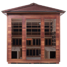 Outdoor cedar infrared sauna with glass doors and spacious interior.