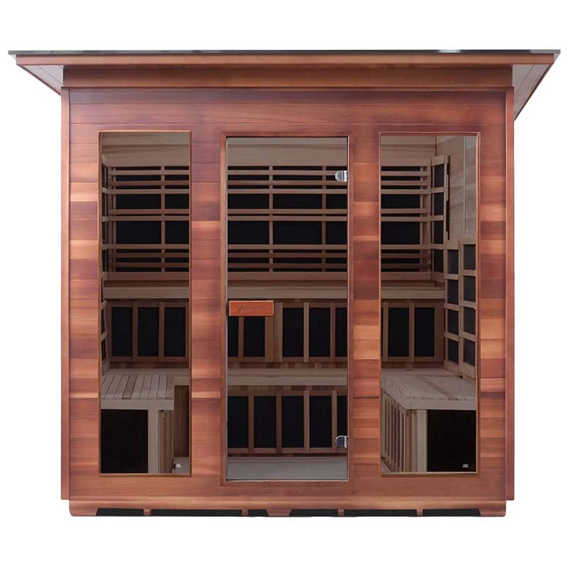 Cedar infrared sauna with glass panels and spacious interior.