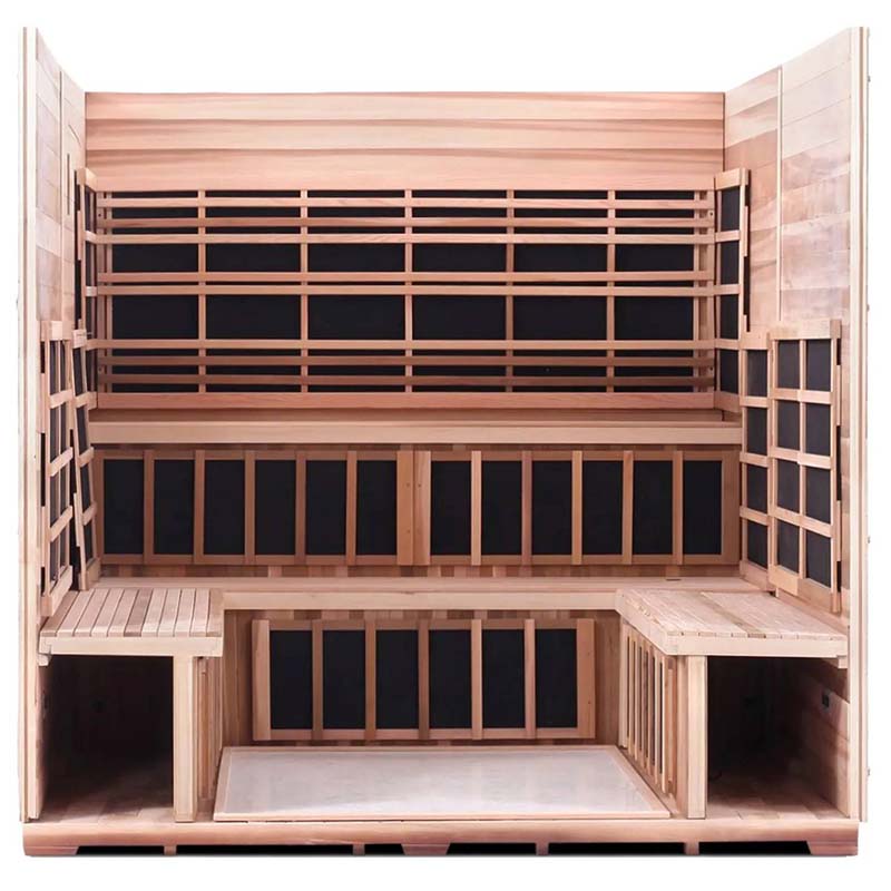 Cedar infrared sauna with spacious interior and ergonomic benches.