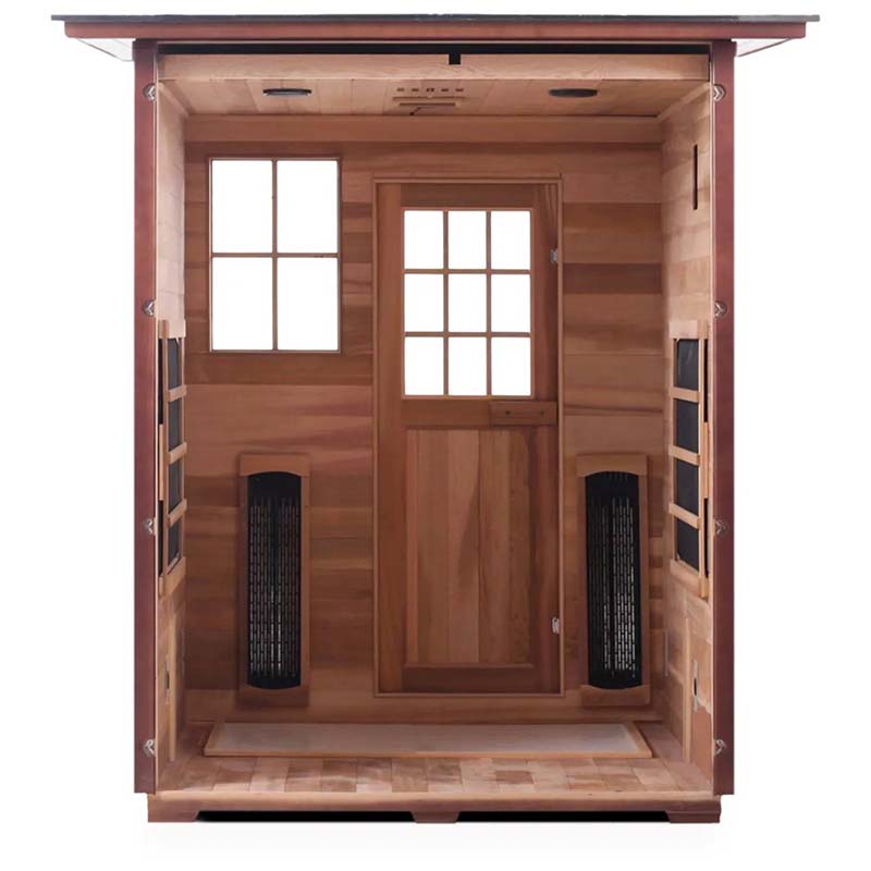 Cedar infrared sauna with dual heaters and glass door for home relaxation.