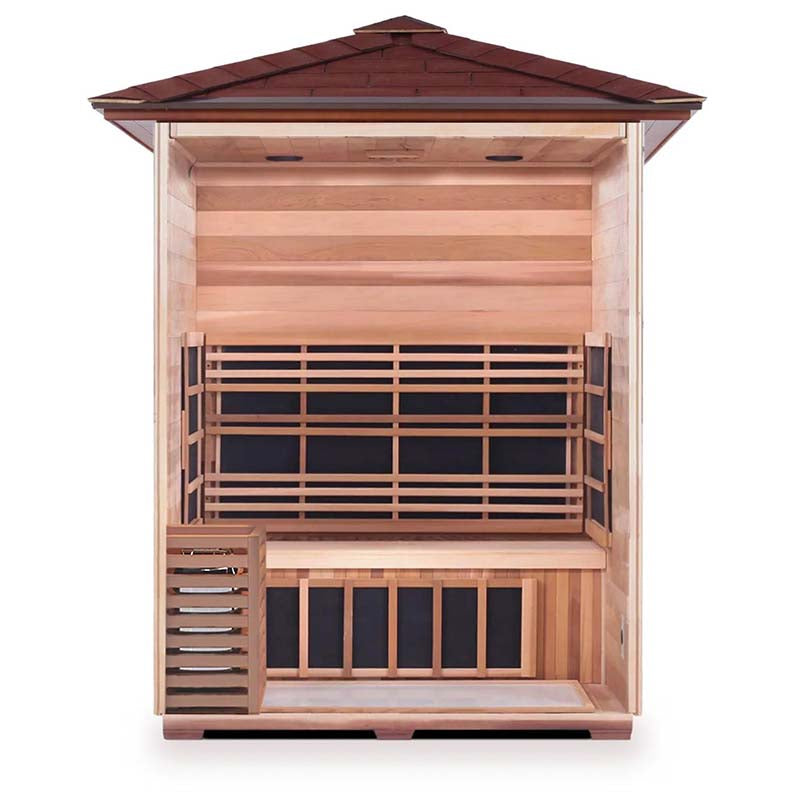 Two-person infrared sauna with cedar wood interior and sleek black panels.