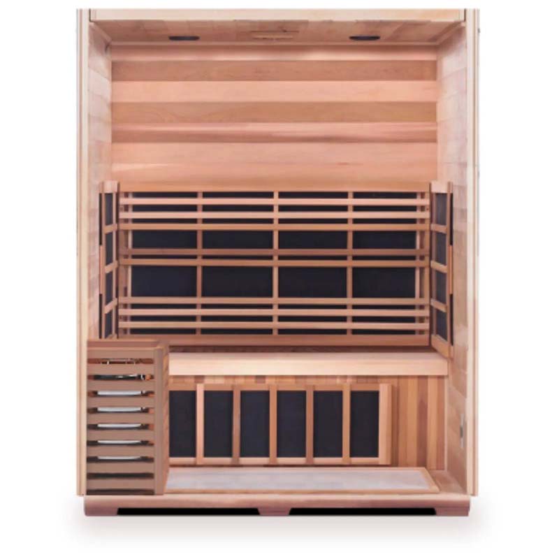 Two-person infrared sauna with cedar wood interior and ergonomic bench.