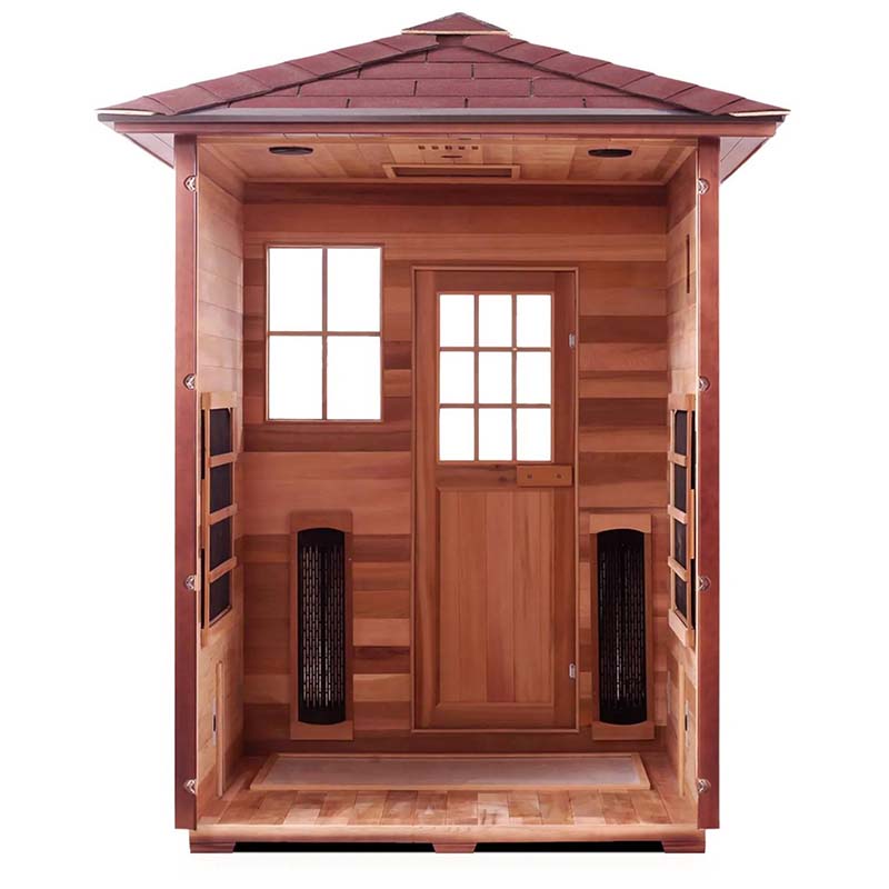 Luxury cedar infrared sauna with glass door and window.