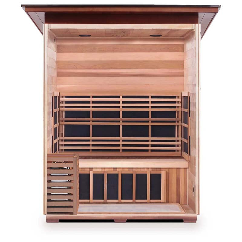 Two-person infrared sauna with natural wood finish and ergonomic backrest.