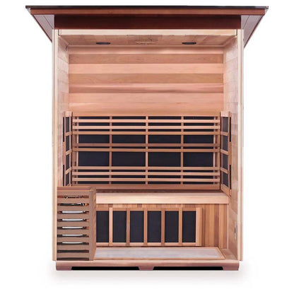 Two-person infrared sauna with natural wood finish and ergonomic backrest.
