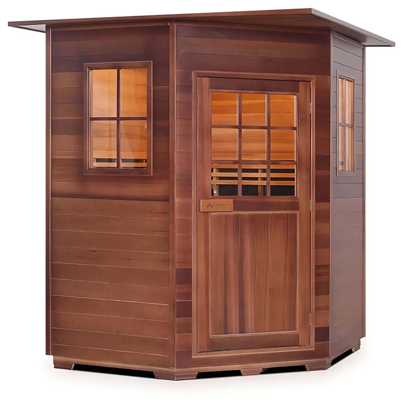 Wooden sauna cabin with glass windows and door featuring a modern design.