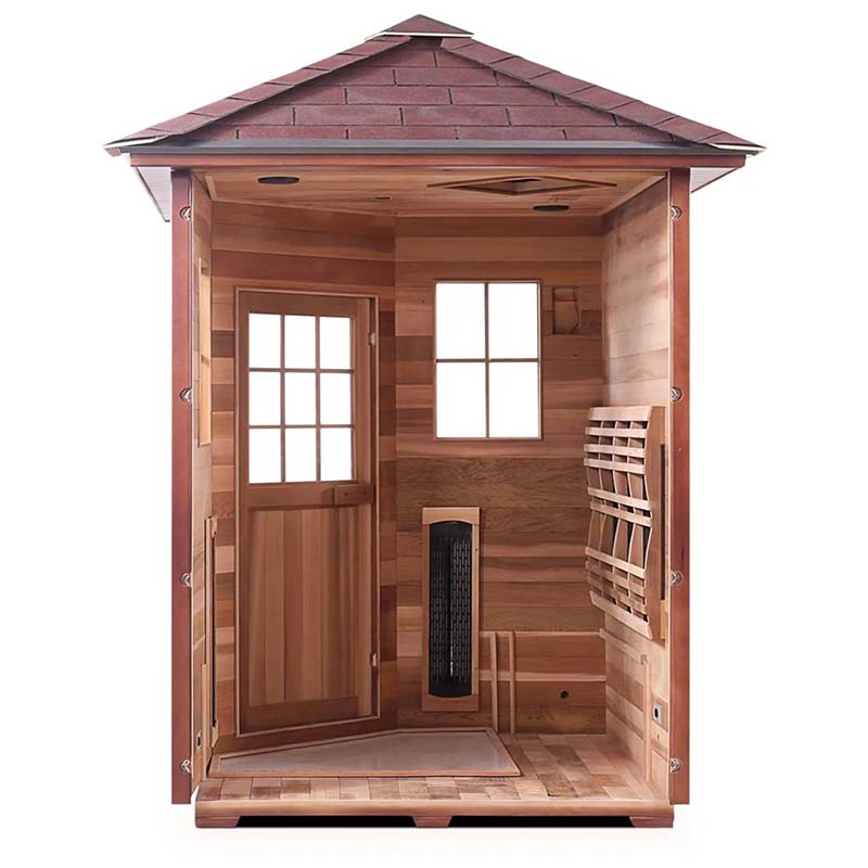 Cedar infrared sauna with glass door and window, featuring a built-in heater.