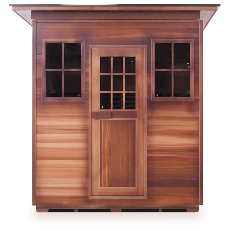 Cedar sauna cabin with glass door and windows, featuring a sleek modern design.