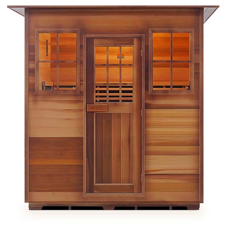 Cedar infrared sauna with glass windows and door, SunRay brand.
