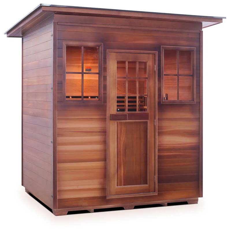 Cedar sauna with glass door and windows, featuring a sleek modern design.