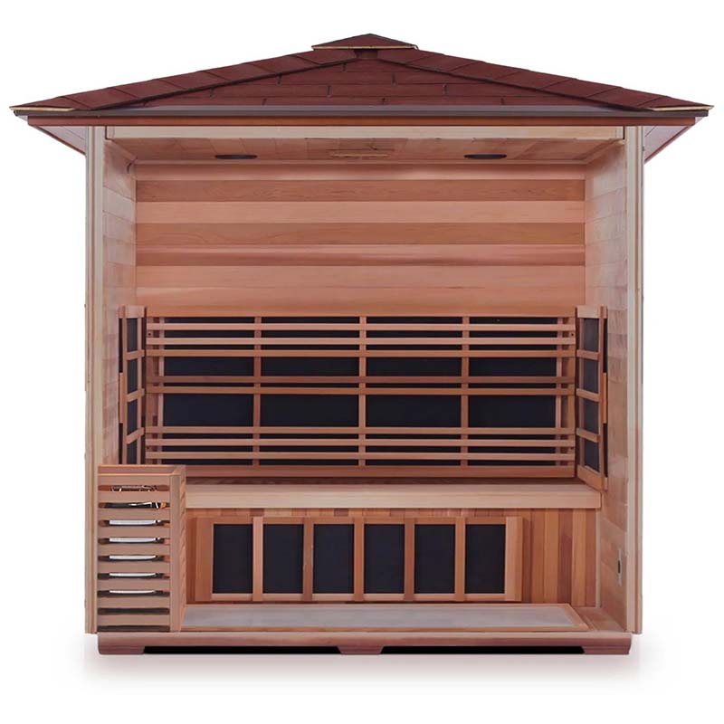Cedar outdoor infrared sauna with bench seating and wooden roof.