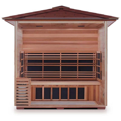Cedar outdoor infrared sauna with bench seating and wooden roof.