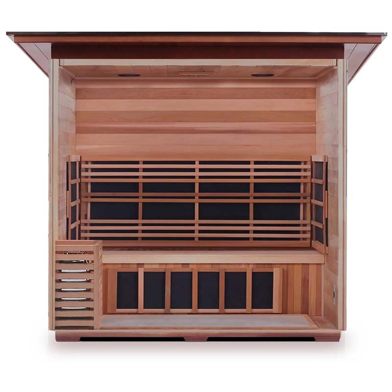 Cedar infrared sauna with open front design and ergonomic bench.