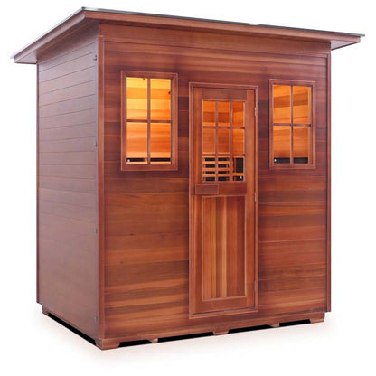 Cedar sauna with glass windows and door, featuring warm wood tones.