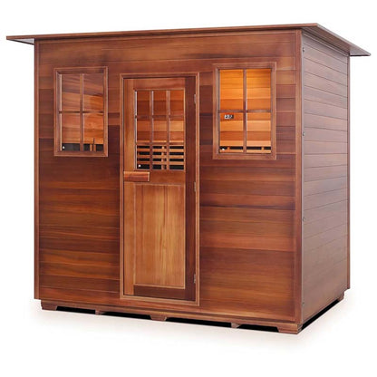 Wooden outdoor sauna with glass windows and door, featuring a sleek modern design.