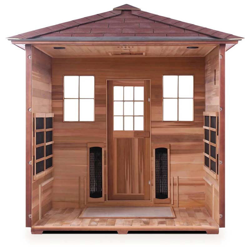 Cedar infrared sauna with dual heaters and glass door.