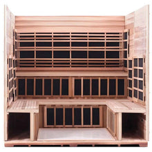 Cedar infrared sauna with spacious wooden benches and modern black panel design.