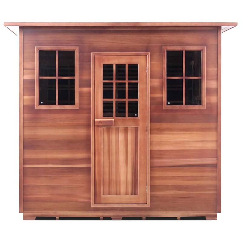 Wooden garden shed with two windows and a central door, featuring a natural finish.