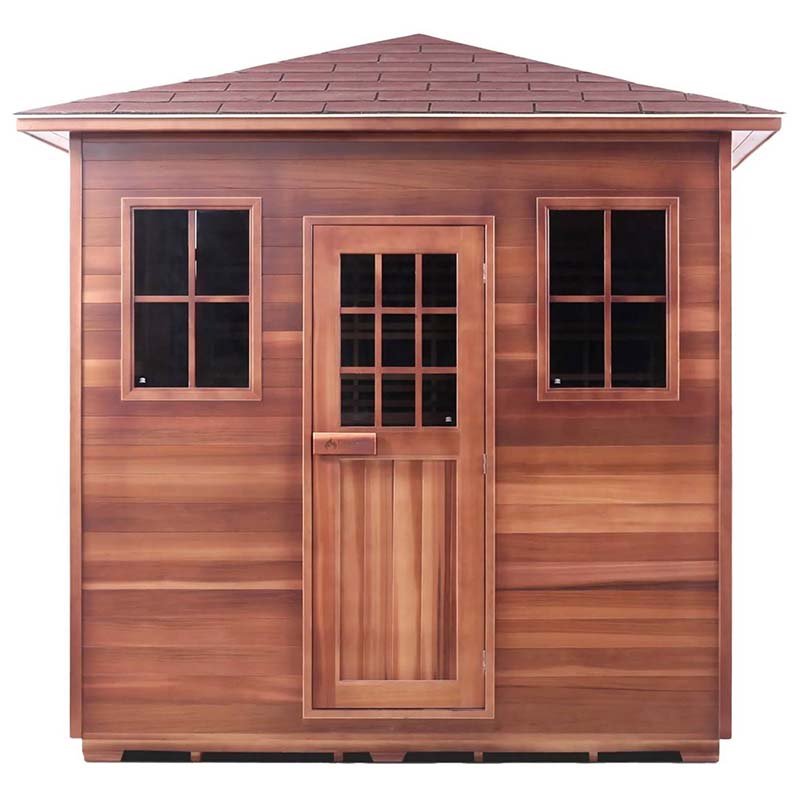 Cedarwood garden shed with double windows and a central door, ideal for backyard storage.