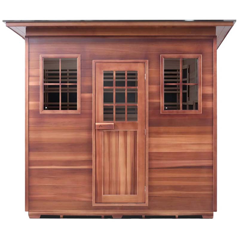 Cedar sauna with glass-paneled door and windows, featuring rich wood texture for home relaxation.