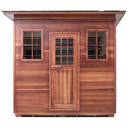 Cedar sauna with glass-paneled door and windows, featuring rich wood texture for home relaxation.