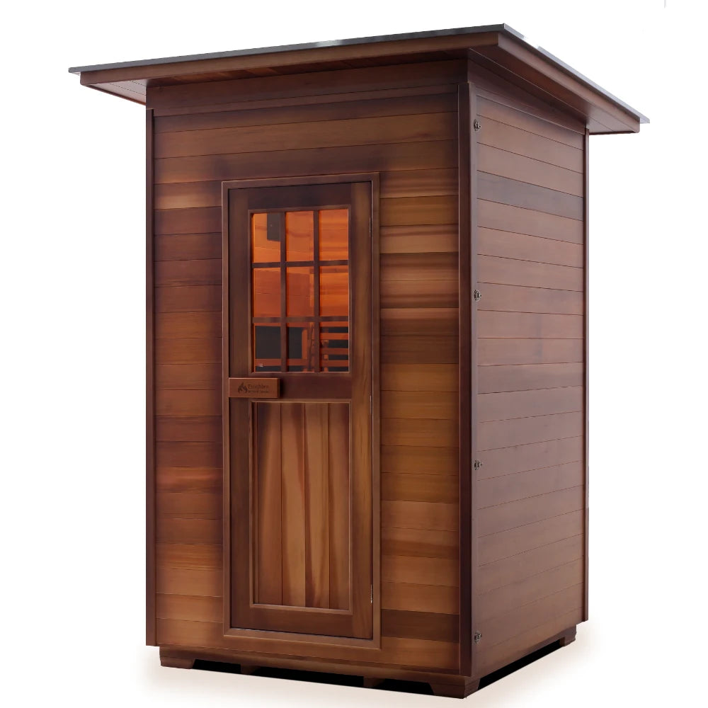A wooden sauna with a sleek design featuring a glass door and window, showcasing a natural wood finish.