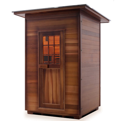 A wooden sauna with a sleek design featuring a glass door and window, showcasing a natural wood finish.