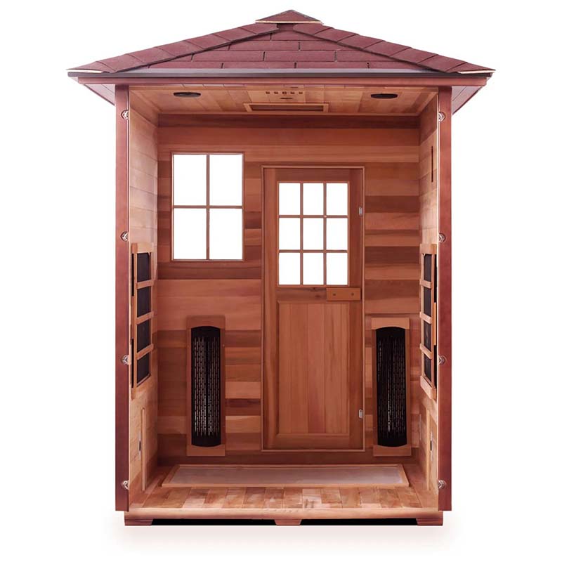 Cedar infrared sauna with glass door and window, featuring a sloped roof design.