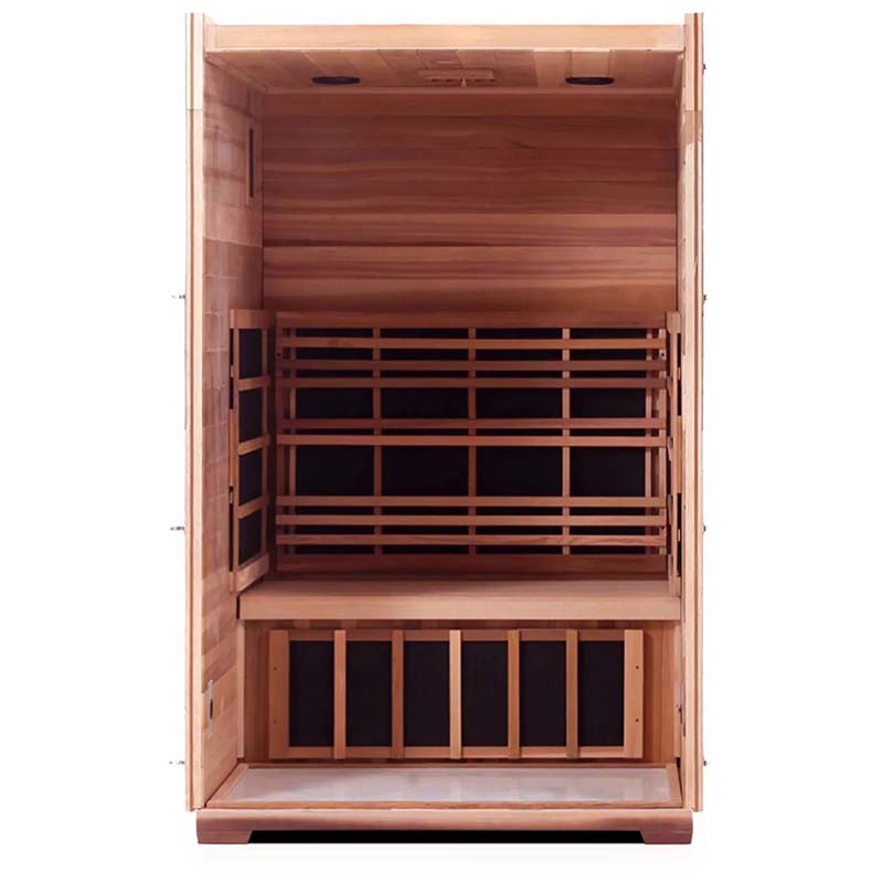 Two-person infrared sauna with natural wood interior and ergonomic seating.
