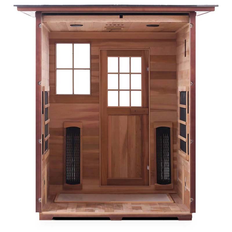 Cedar infrared sauna cabin with glass door and windows, featuring dual heater panels for home relaxation.
