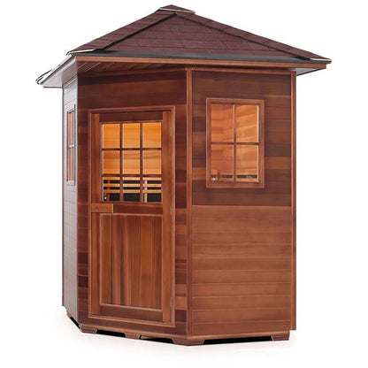 Cedar barrel sauna with glass windows and hexagonal roof.