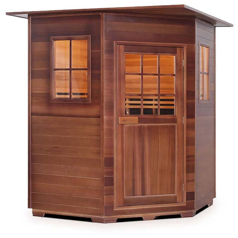 Cedar sauna cabin with glass windows and door, featuring a sleek design for outdoor use.