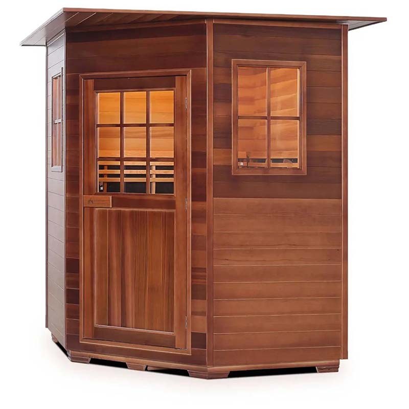 Cedar infrared sauna with glass door and window for home use.