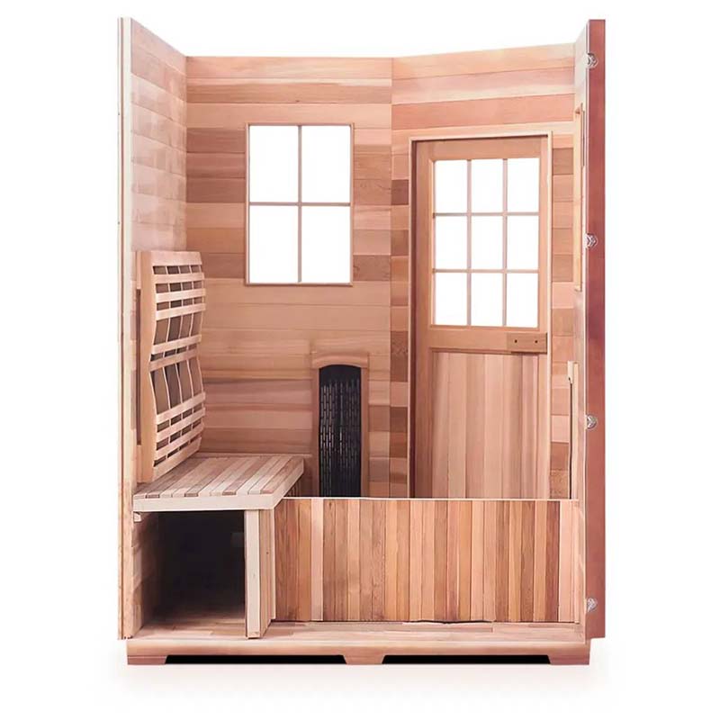 Cedar infrared sauna with glass door and bench seating for home relaxation.
