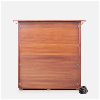 Wooden sauna with sleek design and attached black coil heater.