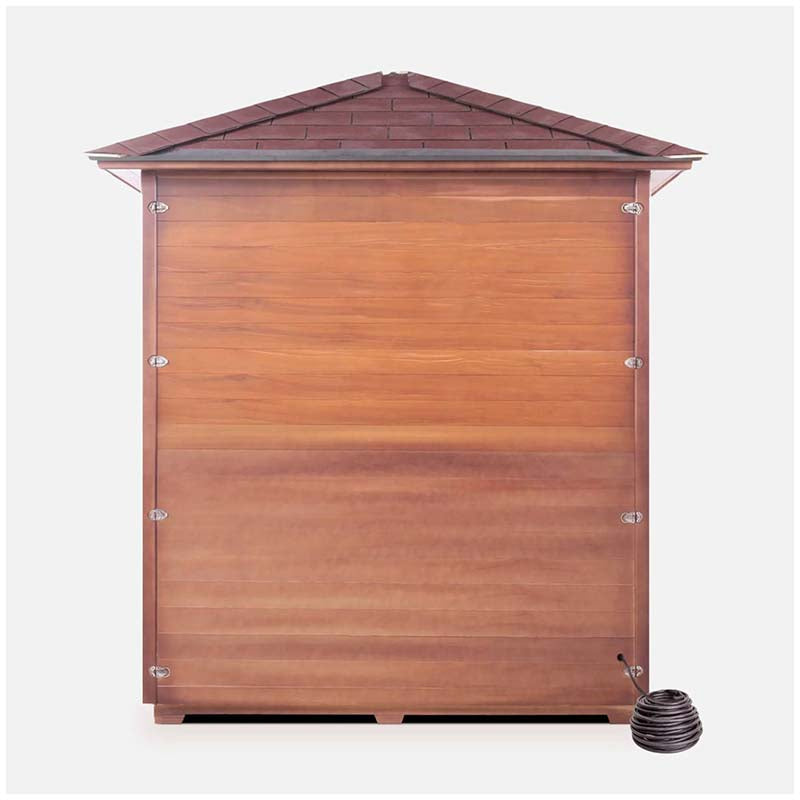 Wooden outdoor sauna with shingled roof and attached coiled water hose.