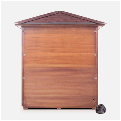 Wooden outdoor sauna with shingled roof and attached coiled water hose.