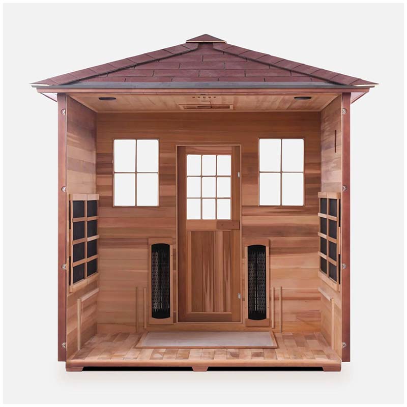 Cedar infrared sauna with glass door and window panels, featuring a shingled roof.