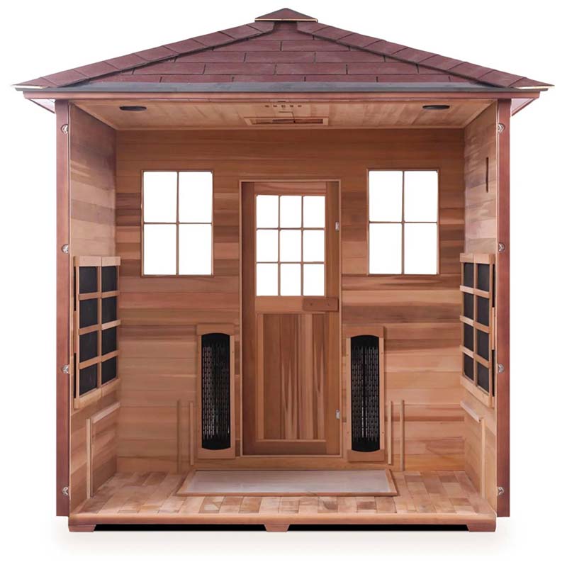 Cedar infrared sauna with double-pane windows and shingled roof.