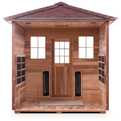 Cedar infrared sauna with double-pane windows and shingled roof.