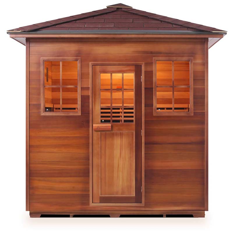 Cedar sauna cabin with glass windows and door, features a dark shingled roof.