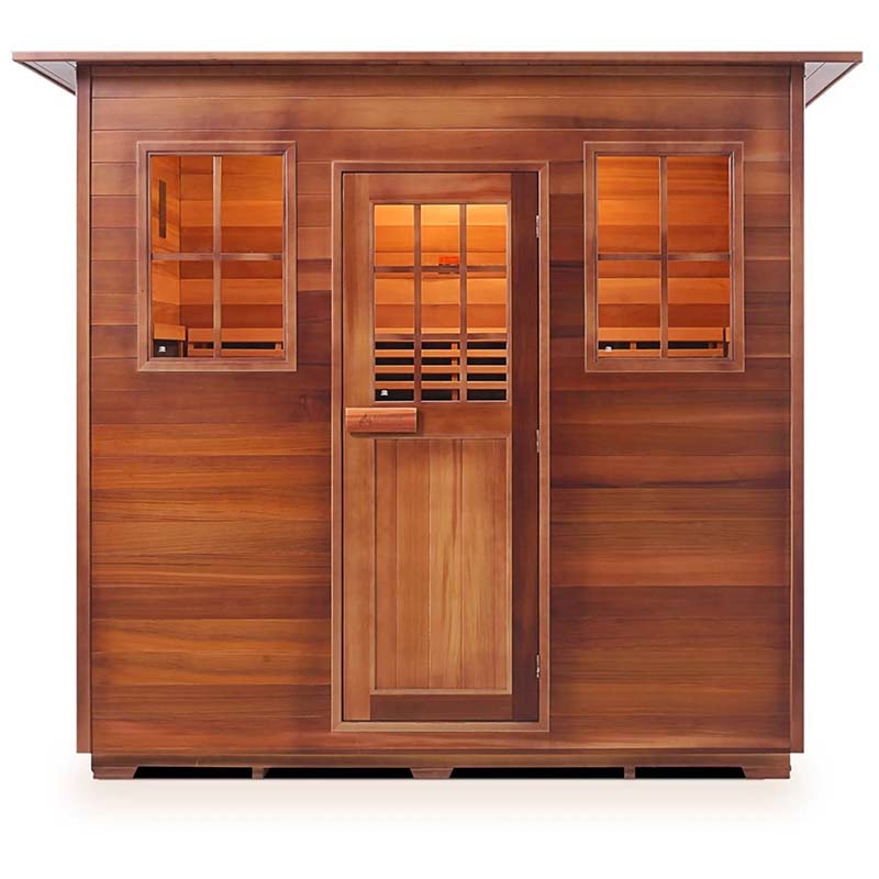 Outdoor cedar sauna with glass windows and door, showcasing warm interior lighting.