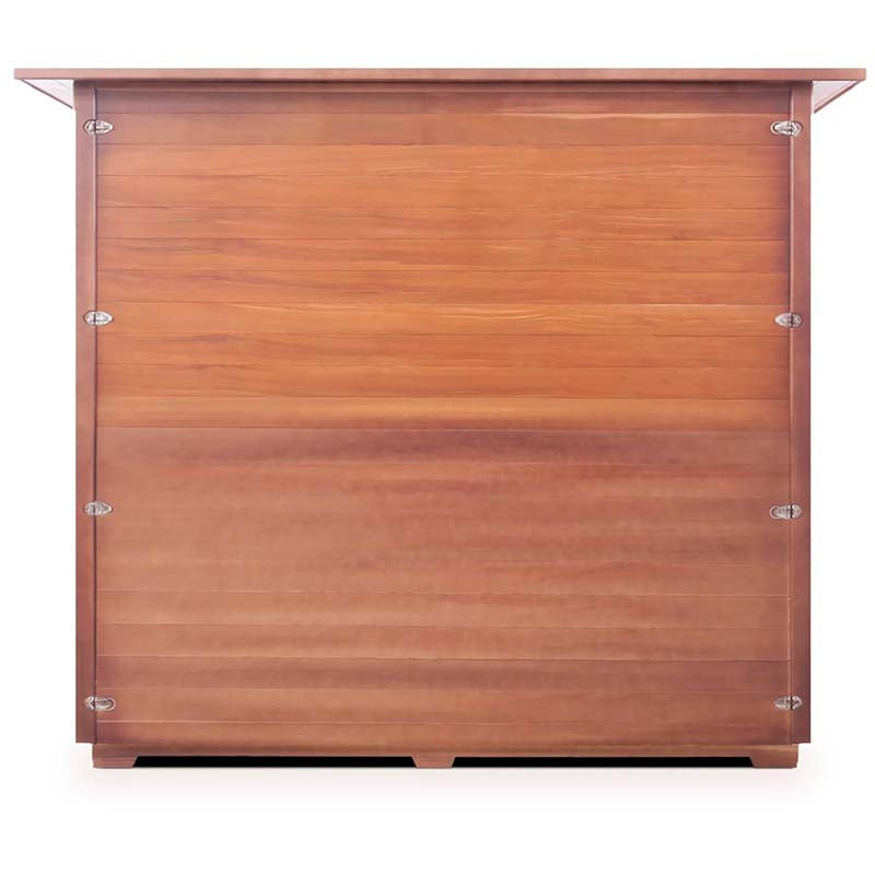 Wooden sauna cabin with sleek horizontal panels, featuring durable hinges.