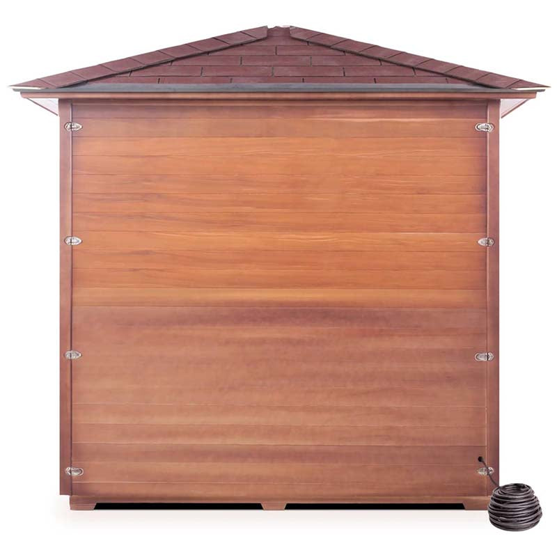 Wooden infrared sauna with a shingled roof and a compact design, ideal for home relaxation.