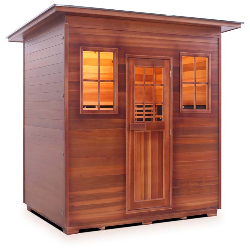 Cedar sauna cabin with glass windows and door, featuring a sleek, modern design for home relaxation.