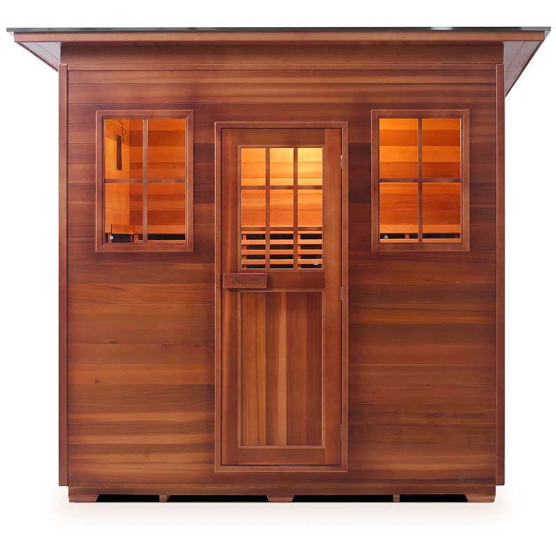 Cedar barrel sauna with glass door and windows.
