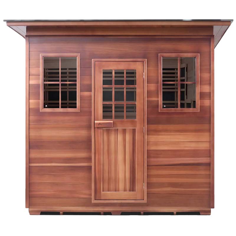 Cedar sauna with two windows and a central door, featuring rich wood tones for outdoor relaxation.