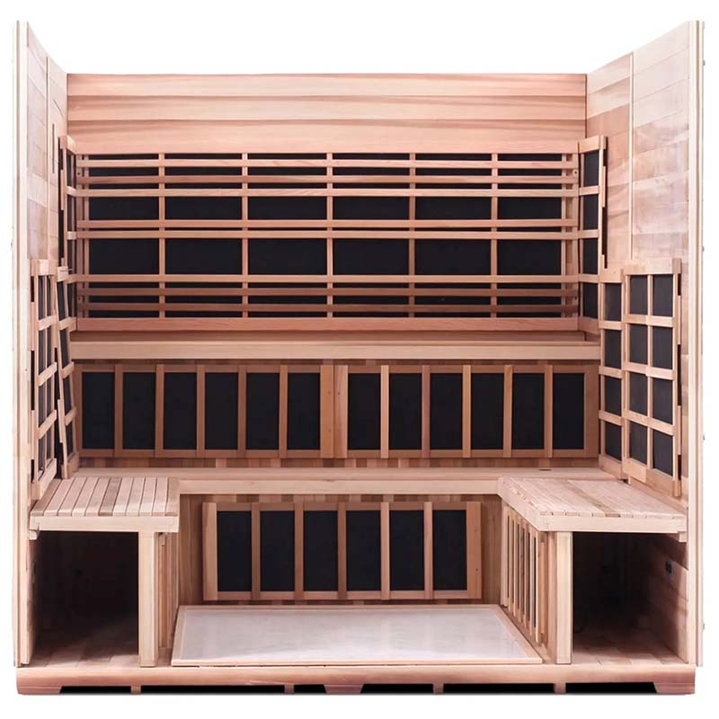 Cedar infrared sauna with black carbon heaters, spacious interior design.