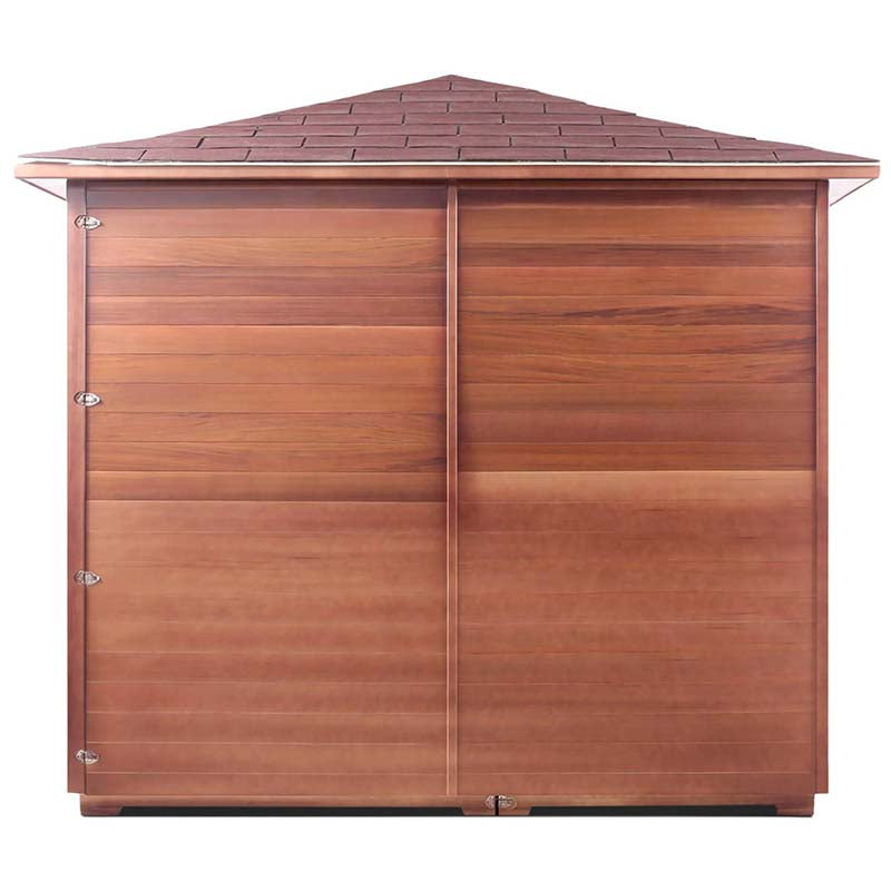 Wooden storage shed with a shingled roof, ideal for garden tool organization.
