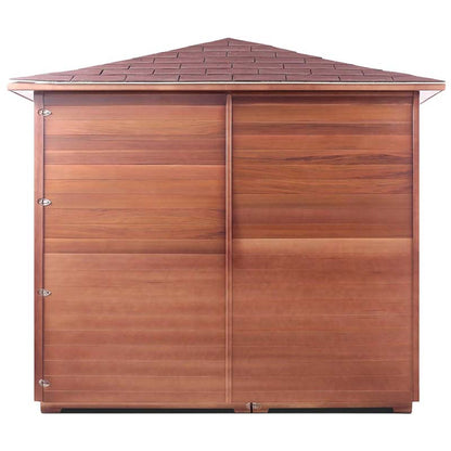 Wooden storage shed with a shingled roof, ideal for garden tool organization.